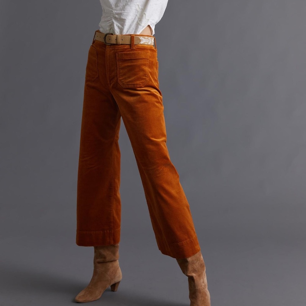 ANTHROPOLOGIE MAEVE COLETTE CROPPED WIDE-LEG CORDUROY TROUSERS 27 CEDAR NWT